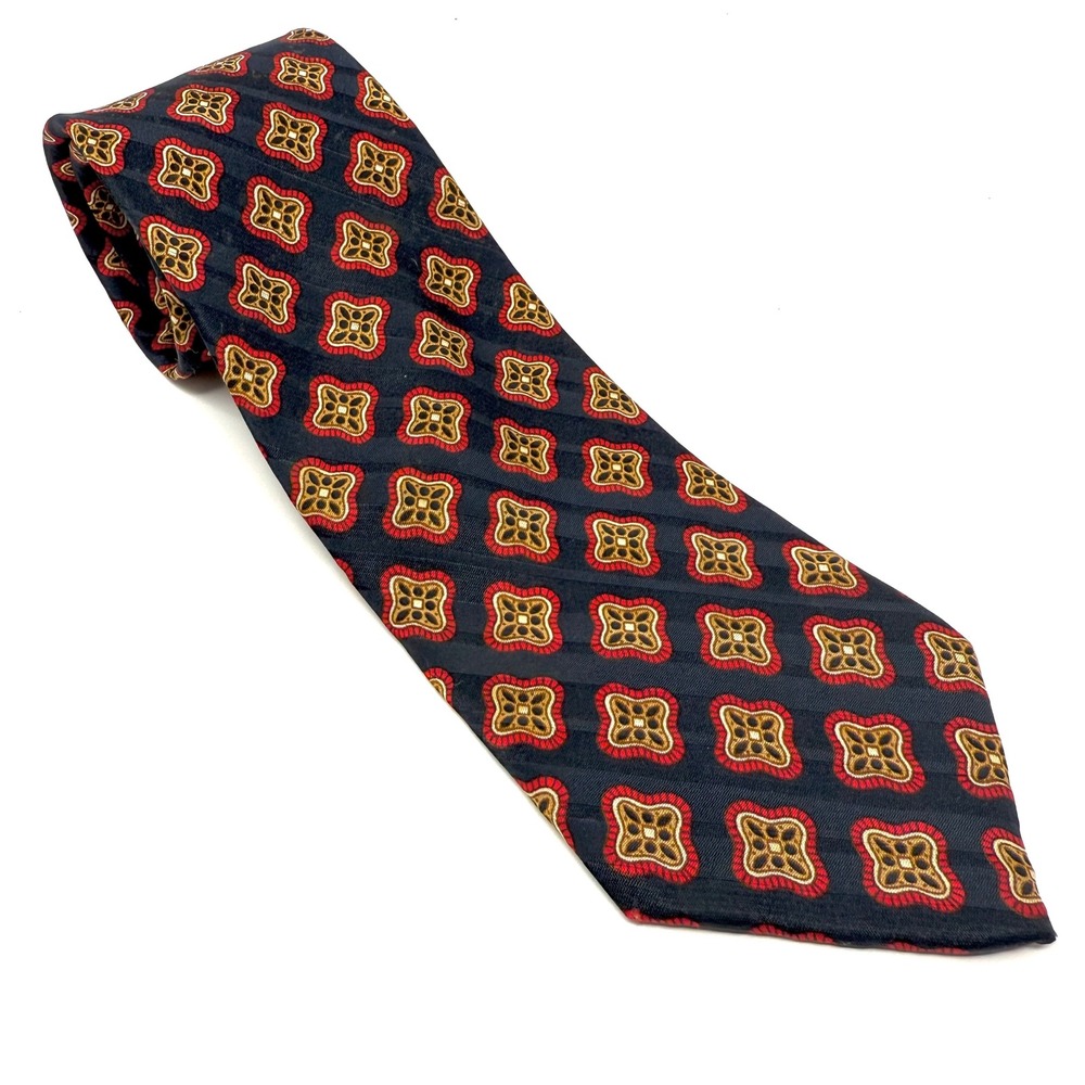 Guy Laroche Paris Men's Silk Necktie Blue Red Gold Geometric Medallion Pattern